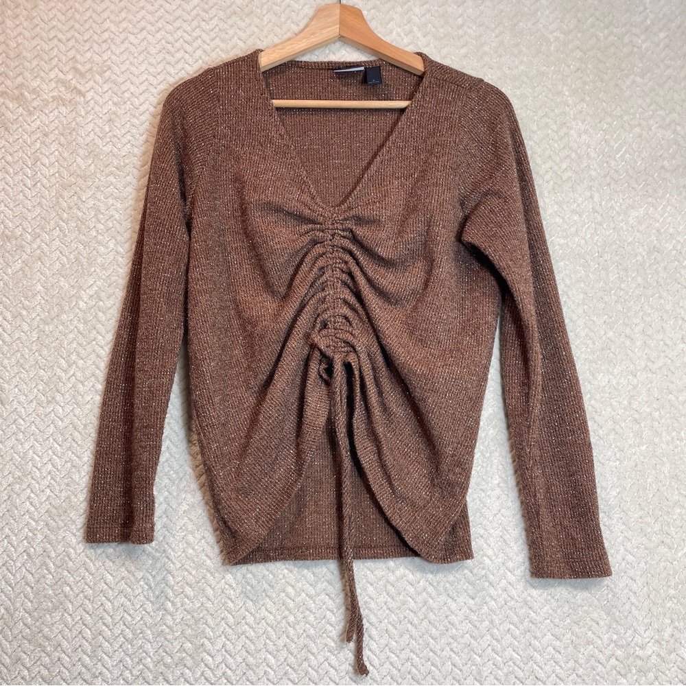 Daytrip Metallic Rust V-Neck Ruched Front Sweater - Picture 5 of 8